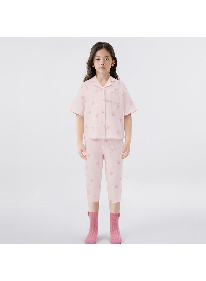 Balabala Girls' Pajama Set Summer New Air-conditioning Outfit Kids Homewear Middle & Big Girls Cool Touch Breathable Short Sleeve Set - Image 2