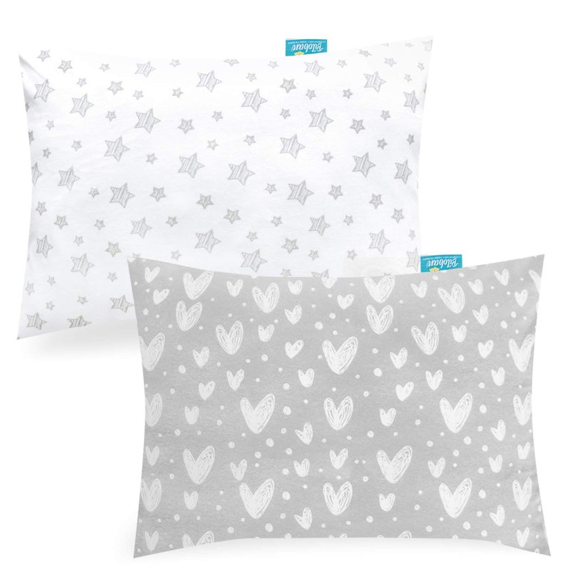 Biloban Organic Cotton Toddler Pillowcase for 13 x 18 or 14 x 19 Inches Pillow, (Pillowcase Only) 2 Pack Kids Pillowcase for Sleeping, Envelope Travel Pillow Case for Girl Boy, Gray Heart & White Star - Image 1