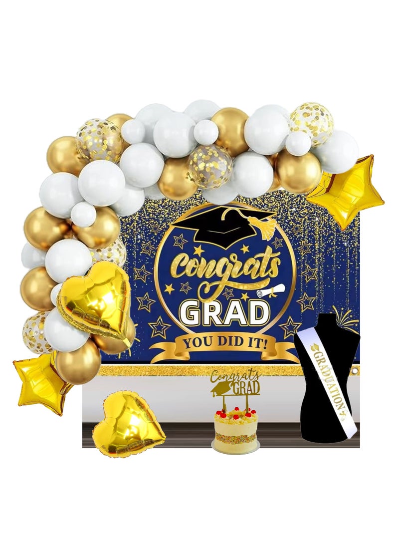 Boxwoods White And Chrome Gold Balloon Arch With Graduation Sash Caketopper And Congrats Grad You Did It Blue Backdrop For Class of 2024 Graduation Party Decoration  - Image 1