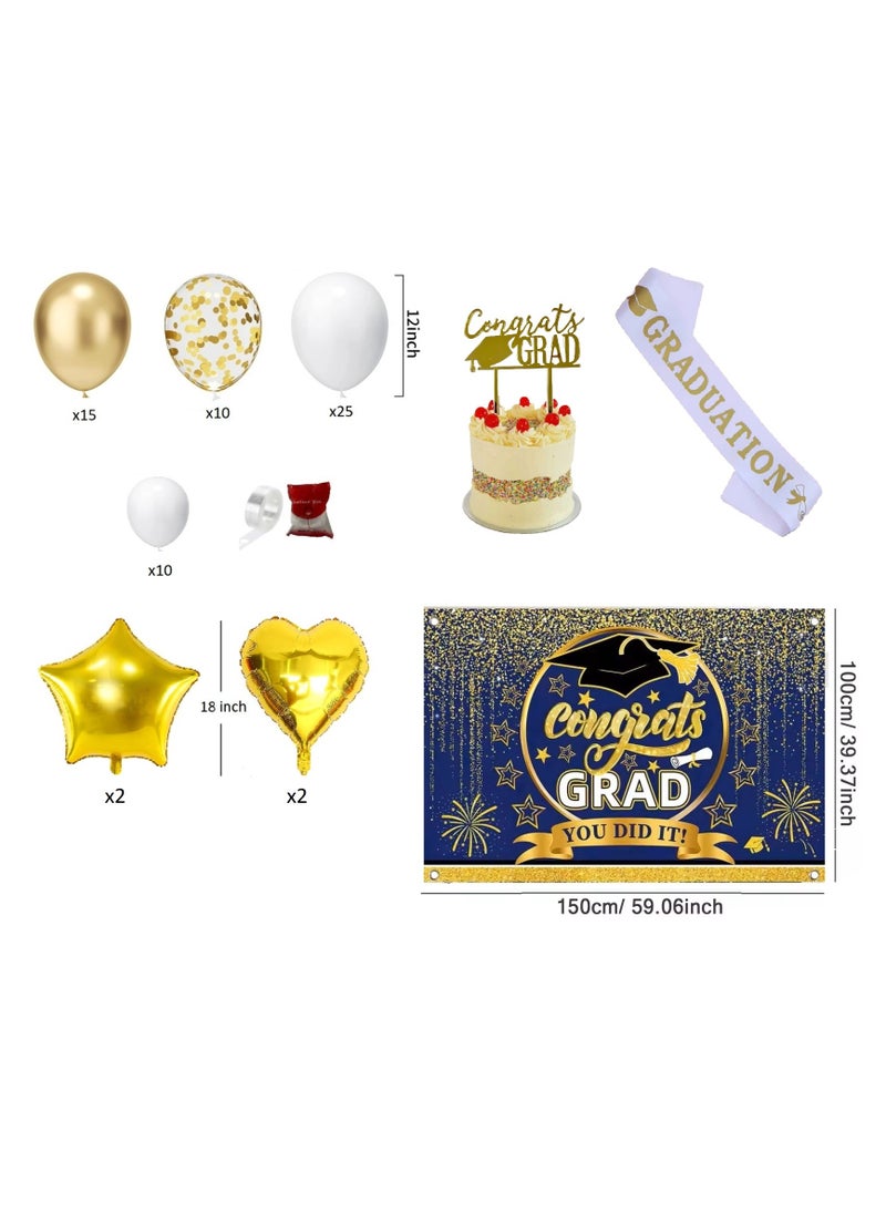 Boxwoods White And Chrome Gold Balloon Arch With Graduation Sash Caketopper And Congrats Grad You Did It Blue Backdrop For Class of 2024 Graduation Party Decoration  - Image 2