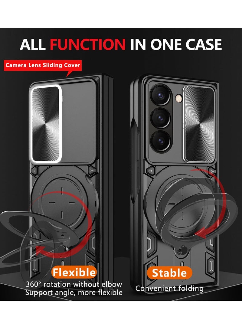 Heavy Duty Protective Case for Samsung Galaxy Z Fold 5 with 360° Ring Magnetic Kickstand and Slide Camera Lens Cover , Armor Protection in Black - Image 4