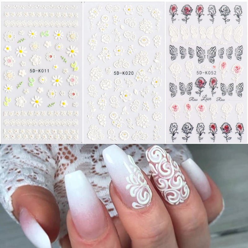 White Flowers Nail Art Stickers 5D Engraved Flower Nail Art SelfAdhesive Sticker Design Holographic Embossed Lace Floral Leaf Rose Nail Art Transfer Decals for Women Manicure Blossom Decorations