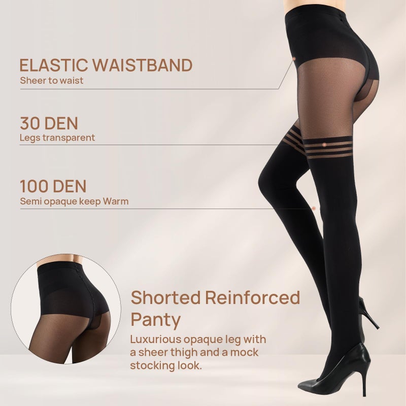 MANZI Mock Suspender Pantyhose for Women Faux Thigh High Stockings Black Over the Knee Goth Sparkly Tights - Image 3