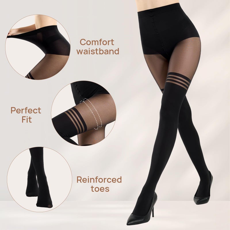 MANZI Mock Suspender Pantyhose for Women Faux Thigh High Stockings Black Over the Knee Goth Sparkly Tights - Image 2