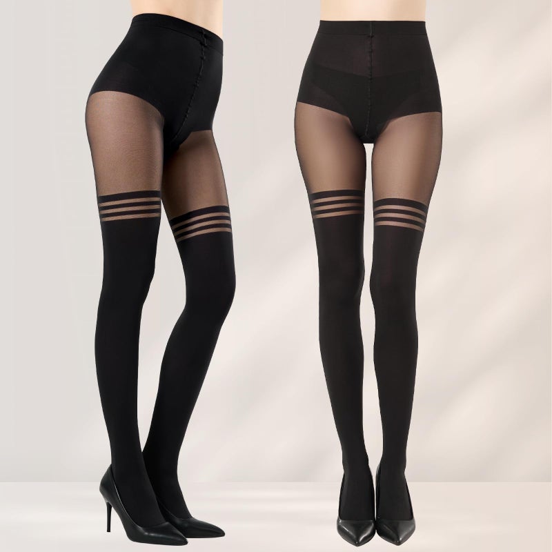 MANZI Mock Suspender Pantyhose for Women Faux Thigh High Stockings Black Over the Knee Goth Sparkly Tights - Image 4