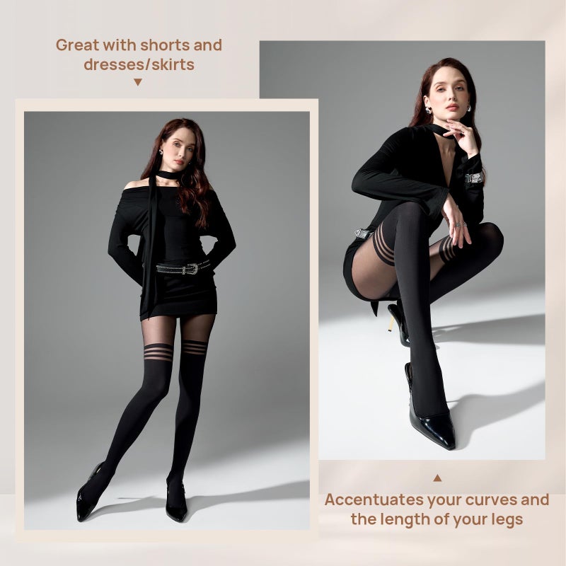 MANZI Mock Suspender Pantyhose for Women Faux Thigh High Stockings Black Over the Knee Goth Sparkly Tights - Image 5