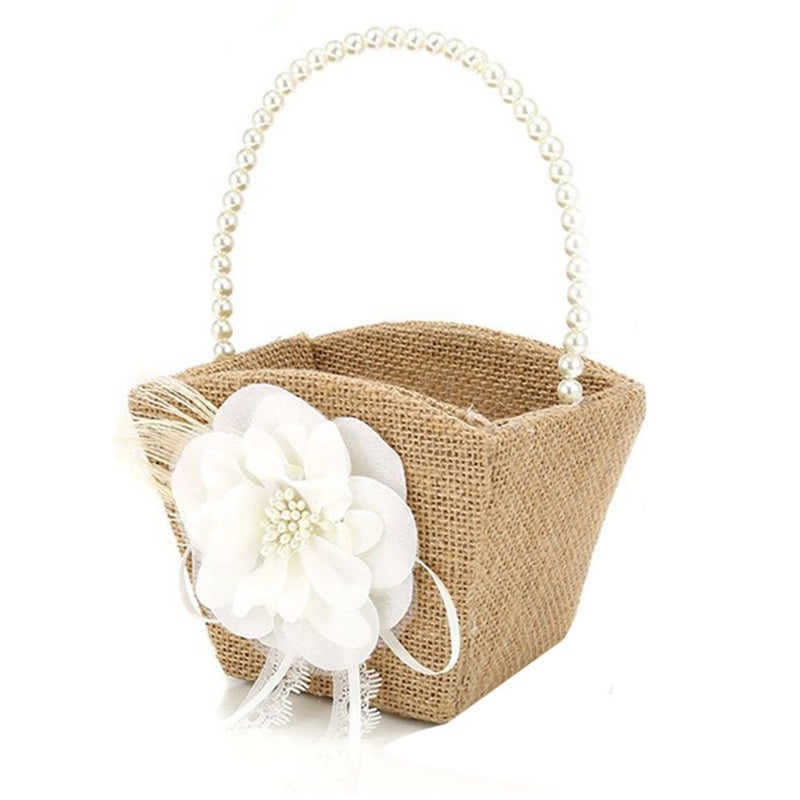 Bodosac 2PCS Burlap Flower Girl Basket Pearl Handle For Vintage Rustic Wedding CeremonySmall white lace - Image 4