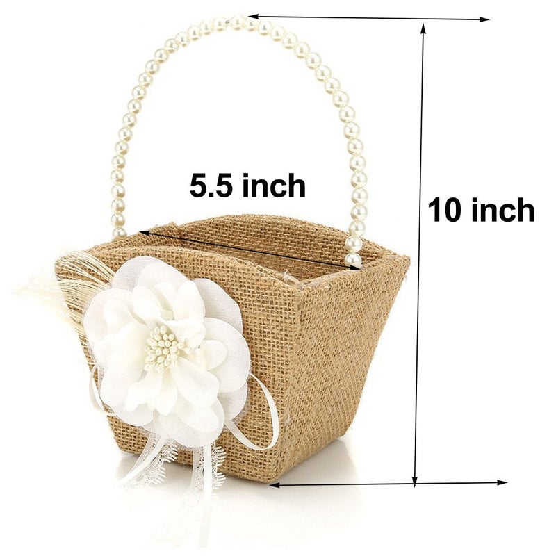Bodosac 2PCS Burlap Flower Girl Basket Pearl Handle For Vintage Rustic Wedding CeremonySmall white lace - Image 2