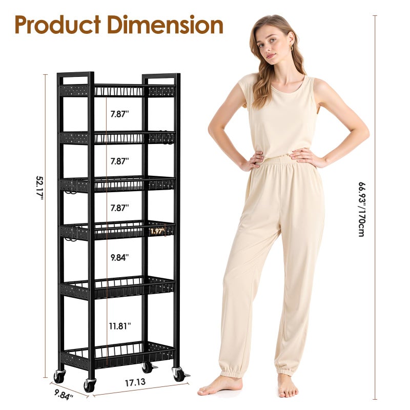Kssiaz 6 Tier Slim Storage Cart, Narrow Rolling Cart with Wheels, Narrow Mobile Utility Shelf Unit Organizer for Kitchen, Bathroom, Laundry Room, Living Room, Small Places, 10in(W), Black - Image 2