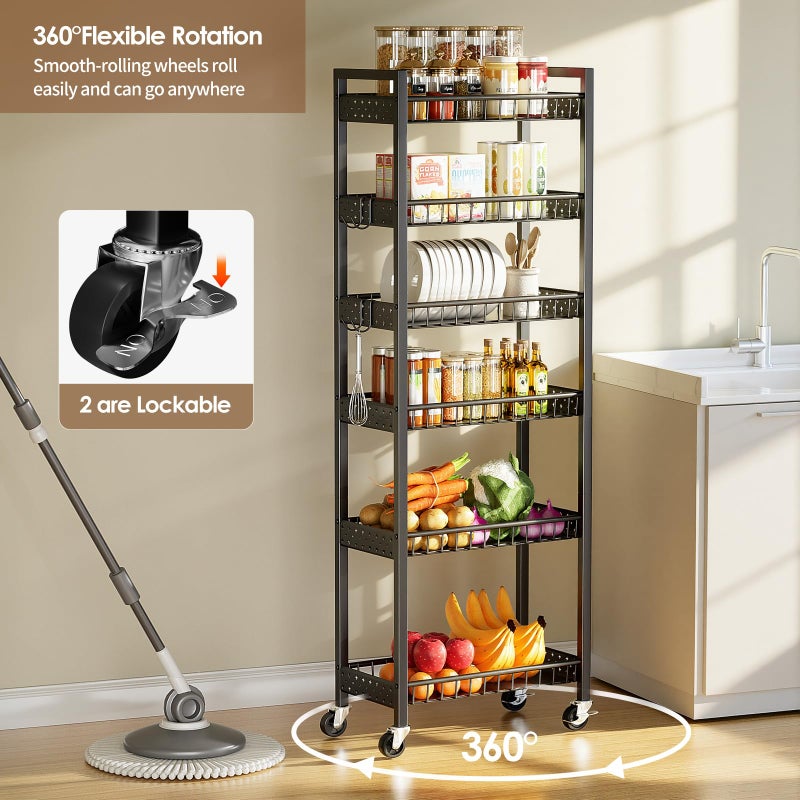Kssiaz 6 Tier Slim Storage Cart, Narrow Rolling Cart with Wheels, Narrow Mobile Utility Shelf Unit Organizer for Kitchen, Bathroom, Laundry Room, Living Room, Small Places, 10in(W), Black - Image 4