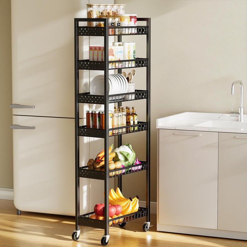 Kssiaz 6 Tier Slim Storage Cart, Narrow Rolling Cart with Wheels, Narrow Mobile Utility Shelf Unit Organizer for Kitchen, Bathroom, Laundry Room, Living Room, Small Places, 10in(W), Black - Image 1