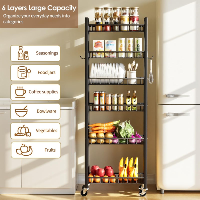 Kssiaz 6 Tier Slim Storage Cart, Narrow Rolling Cart with Wheels, Narrow Mobile Utility Shelf Unit Organizer for Kitchen, Bathroom, Laundry Room, Living Room, Small Places, 10in(W), Black - Image 3