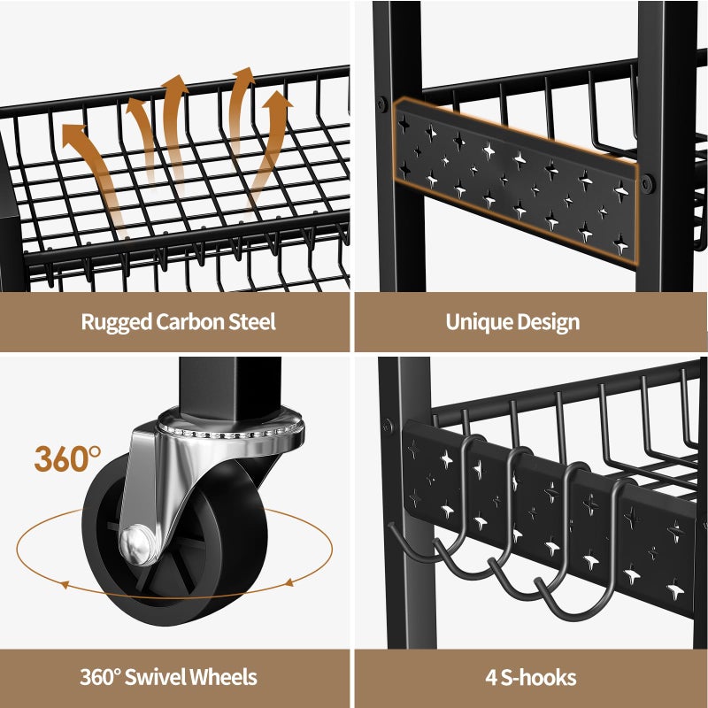 Kssiaz 6 Tier Slim Storage Cart, Narrow Rolling Cart with Wheels, Narrow Mobile Utility Shelf Unit Organizer for Kitchen, Bathroom, Laundry Room, Living Room, Small Places, 10in(W), Black - Image 5