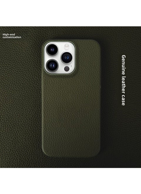 For Iphone 15 Mobile Phone Case 12 Genuine Leather 14 Half Pack 13 Protective Case For Xiaomi Samsung For Huawei Mobile Phone Protective Case 16-Color:Army Green-Applicable Model:For Iphone 15 Pro
