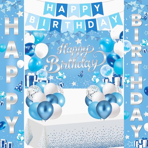 TagreSpike Light Blue Birthday Party Decorations Light Blue Birthday Banner with Tablecloth Porch Banner Backdrop Latex Confetti Balloons Party Supplies for Boys Girls Women Men Bday Indoor Outdoor - Image 1