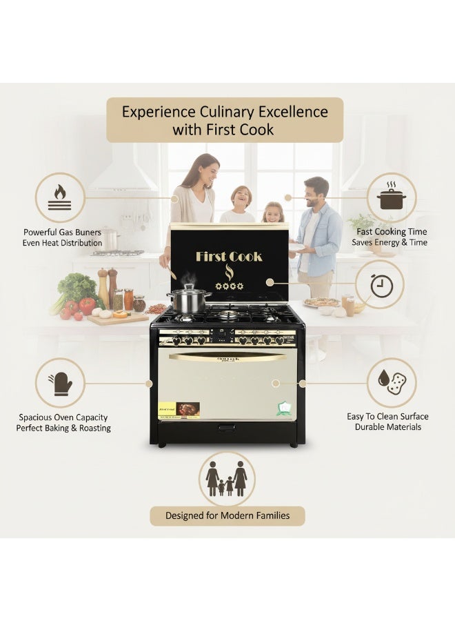 First Cook Black Gold C-Class Cooker 5 Burners with Auto Ignition 90x60cm - Image 5