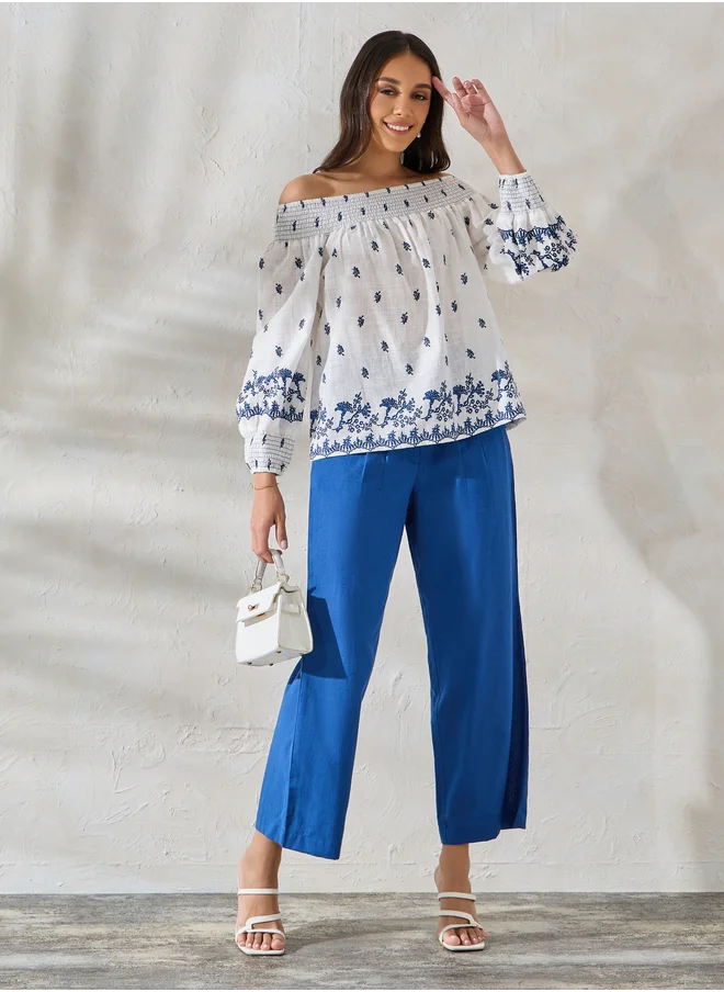 Styli Styli Printed Off-Shoulder Balloon Sleeve Top