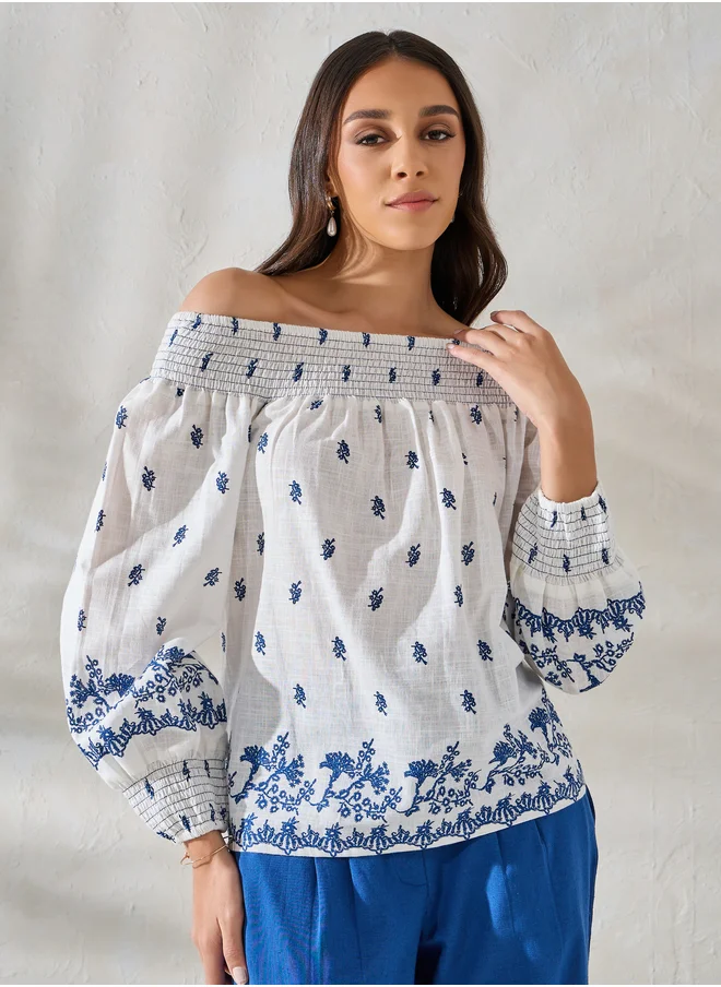 Styli Styli Printed Off-Shoulder Balloon Sleeve Top