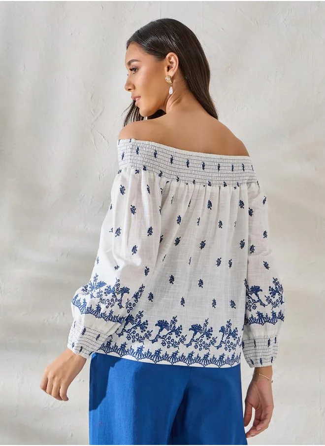 Styli Printed Off-Shoulder Balloon Sleeve Top
