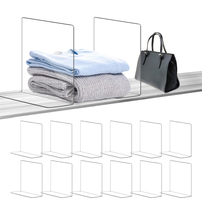 SHELF DIVIDERS FOR CLOSET ORGANIZATION 12 PACK DURABLE CLEAR ACRYLIC DIVIDER ORGANIZER FOR SHELVES VERTICAL ADJUSTABLE SHELVING SEPARATORS FOR CLOTHING PURSE