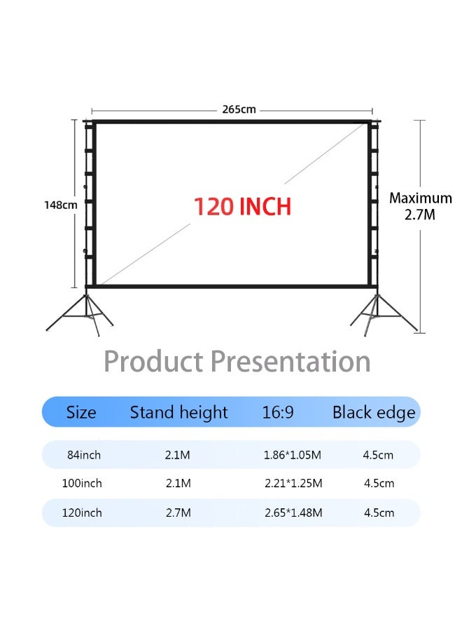 Projector Screen with Stand, 120 inch 16:9 HD 4K Projection Screen with Tripod for Film TV and Video, Portable Movie Screen for Indoor Home Theater Outdoor Backyard (265 x 148CM)  - Image 2