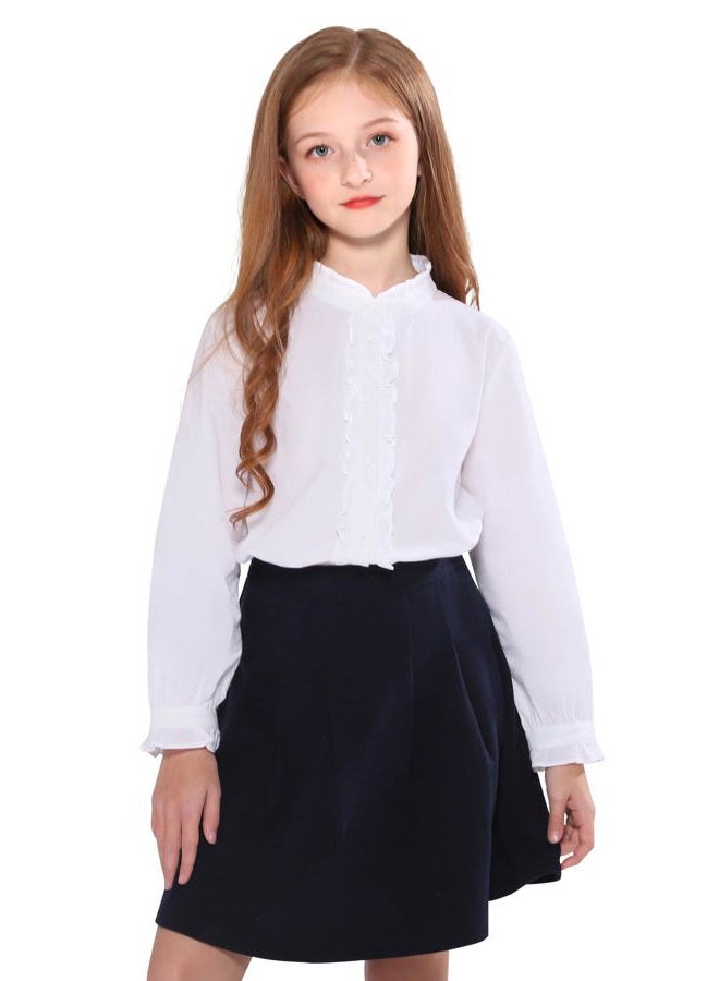 SOLOCOTE Girls White Blouse Ruffle Long Sleeve Button Down Shirts Princess Cotton Loose Soft Tops Spring and Summer 5-14Y, 13-14 Years - Image 1