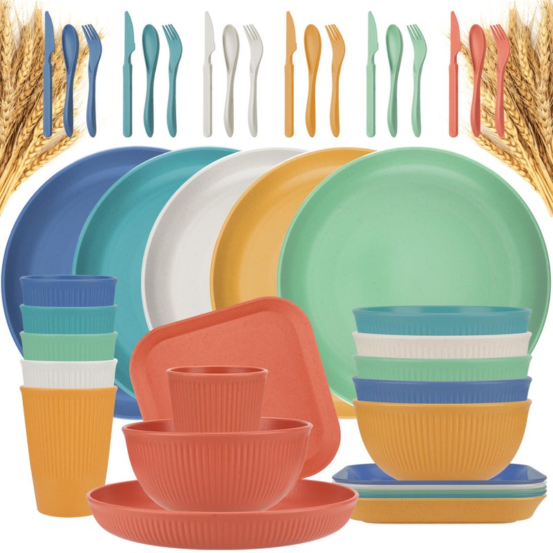TOUWMX 42-Piece Plates and Bowls Sets, Wheat Straw Dinnerware Sets Service for 6 - Cups Sets, Dinner Plates, Bowls for Kitchen, Unbreakable Dishwasher and Microwave Safe Dishes Set - Image 1