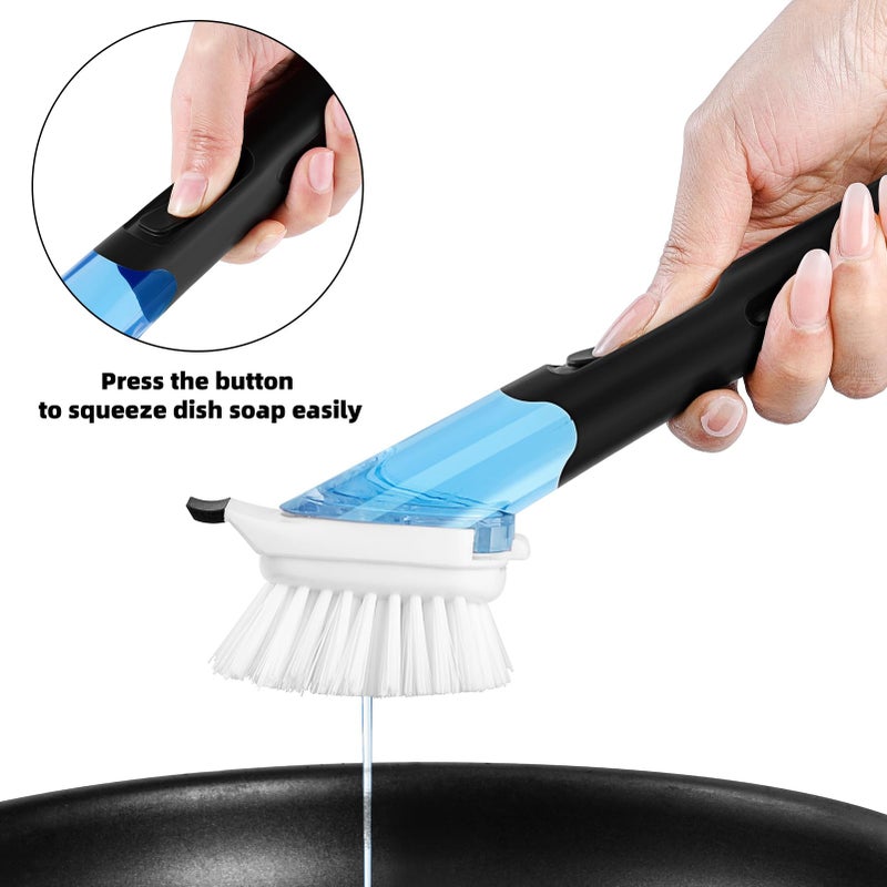 SUBEKYU Dish Brushes with Soap Dispenser, Kitchen Dish Scrubber Brushes with Handle, Dishwashing Cleaning Scrubbers for Dishes/Pans/Pots, Black, 2Pack - Image 2