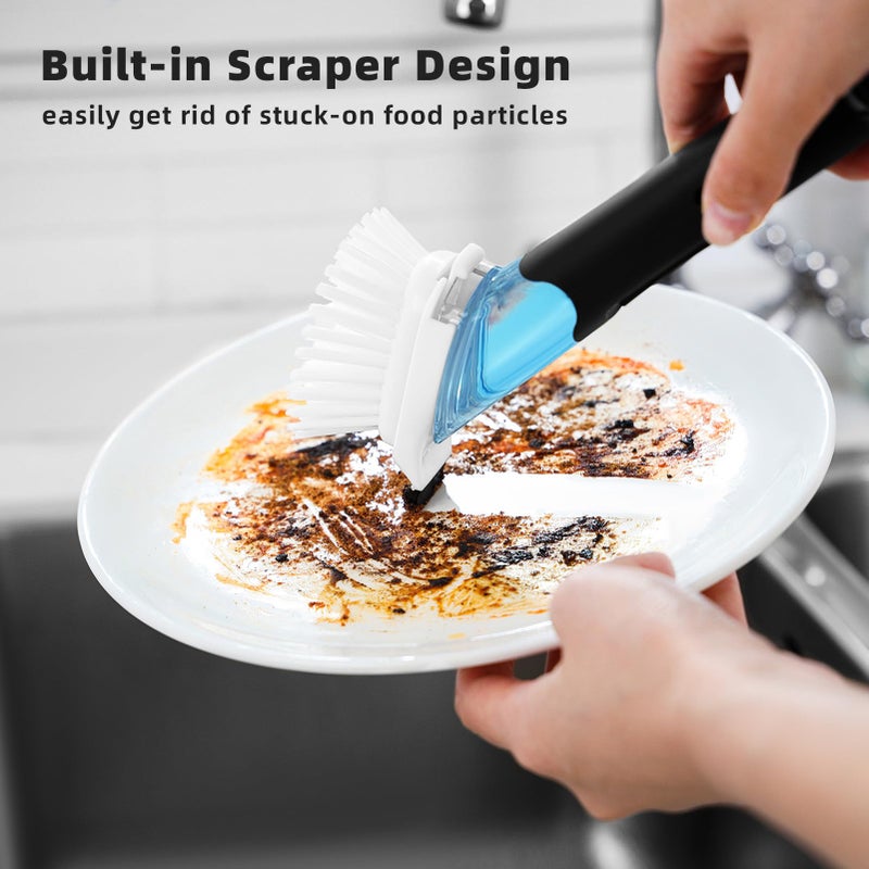 SUBEKYU Dish Brushes with Soap Dispenser, Kitchen Dish Scrubber Brushes with Handle, Dishwashing Cleaning Scrubbers for Dishes/Pans/Pots, Black, 2Pack - Image 4