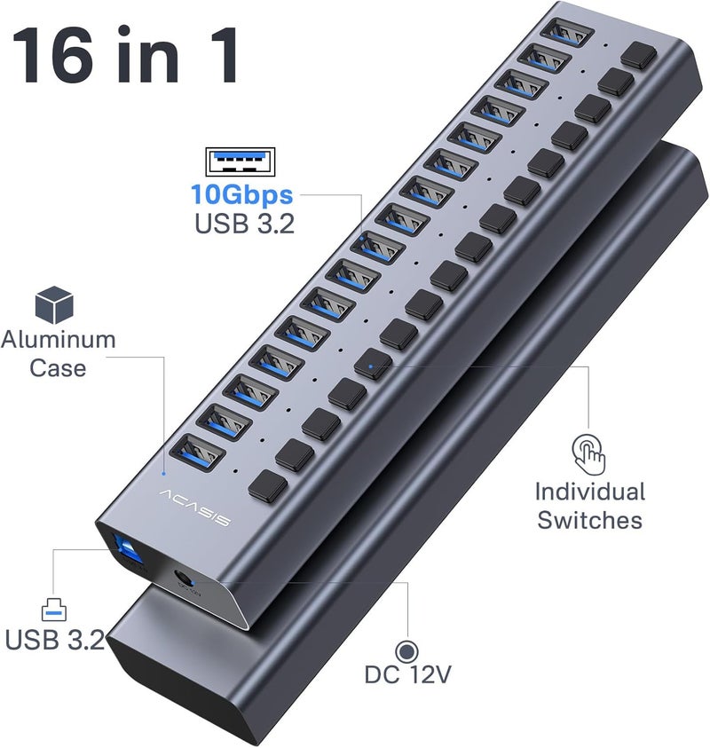 أكاسيس محور USB 3.1 مزود بالطاقة، 16 منفذًا، سرعة 10 جيجابت/ثانية، هيكل من الألومنيوم، مصدر طاقة 96 واط، متوافق مع الكمبيوتر الشخصي، الكمبيوتر المحمول، محرك الأقراص المحمول، الطابعة والكاميرا - Image 2