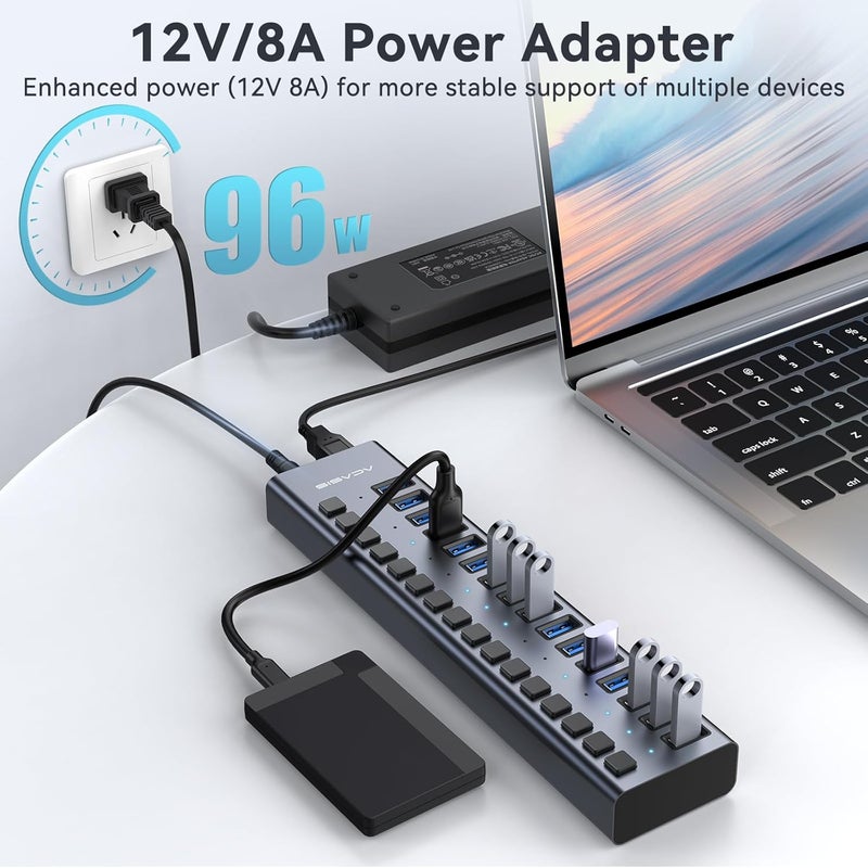 أكاسيس محور USB 3.1 مزود بالطاقة، 16 منفذًا، سرعة 10 جيجابت/ثانية، هيكل من الألومنيوم، مصدر طاقة 96 واط، متوافق مع الكمبيوتر الشخصي، الكمبيوتر المحمول، محرك الأقراص المحمول، الطابعة والكاميرا - Image 5