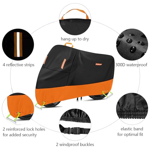 seceles Motorcycle Cover 300D Oxford Motorcycle Covers Waterproof Outdoor Storage Fit up to 110 inch Sportster Road King Street Glide Honda Goldwing Vulcan Yamaha (4XL: 108" x 37" x 55") - Image 3