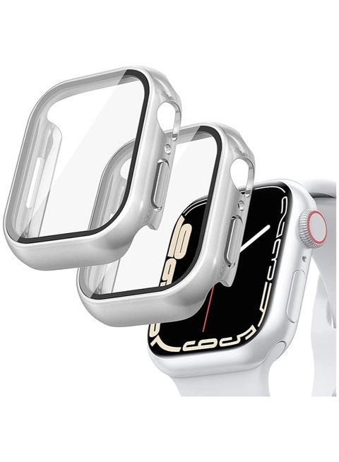 2 Pack Hard Case with Tempered Glass Screen Protector Compatible with Apple Watch Series 7 45mm, Ultra Slim Scratch Resistant All-round Protective Cover for iWatch S7, (Silver)