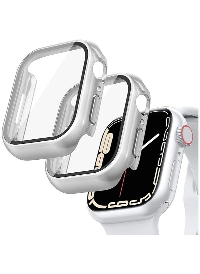 Generic 2 Pack Hard Case with Tempered Glass Screen Protector Compatible with Apple Watch Series 7 45mm, Ultra Slim Scratch Resistant All-round Protective Cover for iWatch S7, (Silver) 
