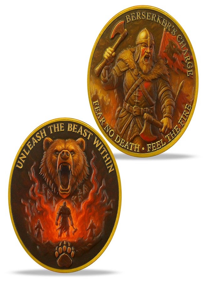 Imasoner Viking Berserker Challenge Coin - Nordic Warrior Coin with Bear Spirit & Fire Design - Fear No Death, Unleash The Beast Within - Norse Mythology Battle Token for Gifts & Display - Image 2