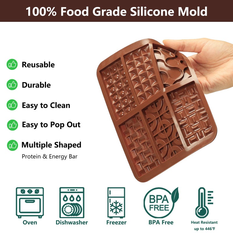 ZTHapwa Chocolate Bar Mold Silicone with 6 Pattern, 2 Pcs 0.3-Inch-Deep Break-Apart Chocolate Molds for Homemade Protein and Energy Bar, Small Silicone Molds for Wax Melts/Candle/Resin, Waffle Shape - Image 3