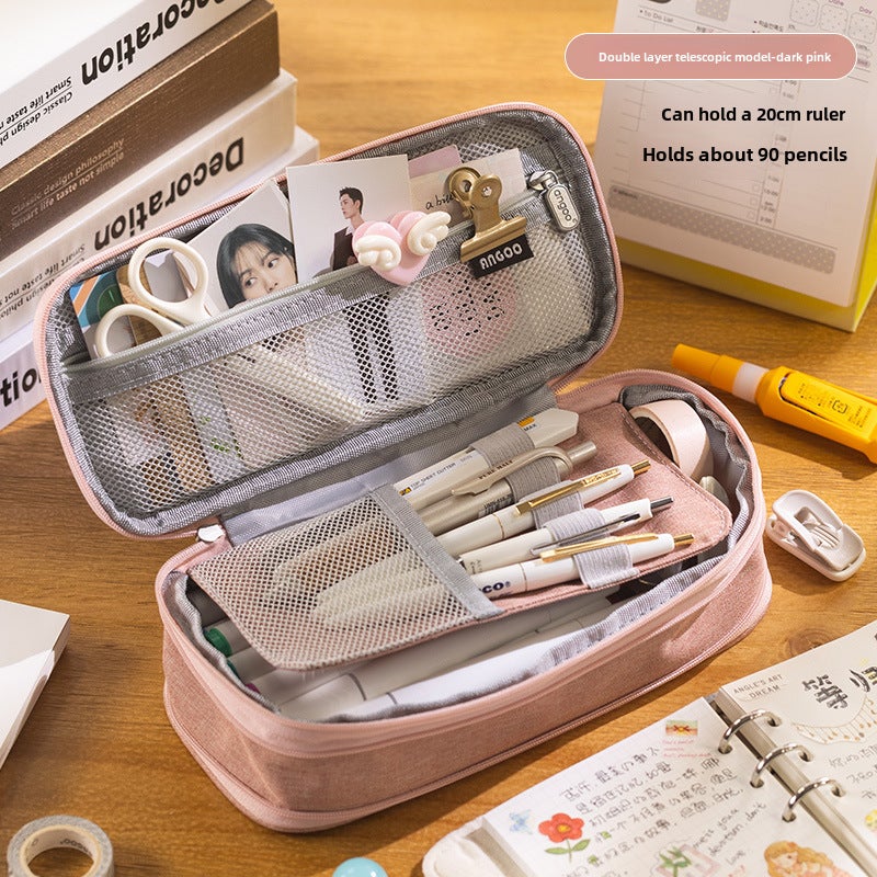 Korean Style Pencil Case Ins Japanese and Korean Style Macaron Color-matching Retractable Large Capacity Upgraded Pencil Case Stationery Case Foreign Trade Dark powder 