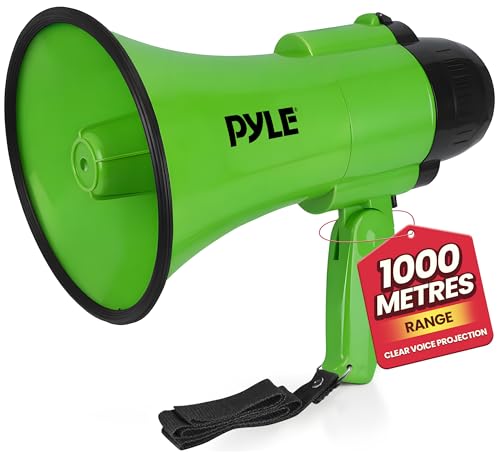 Pyle Compact BatteryOperated Megaphone with Siren 30W Power Microphone 2 Modes PA Sound Bullhorn 1200 Yards Range Foldable Handle for Cheerleading Police Use Green - Image 1