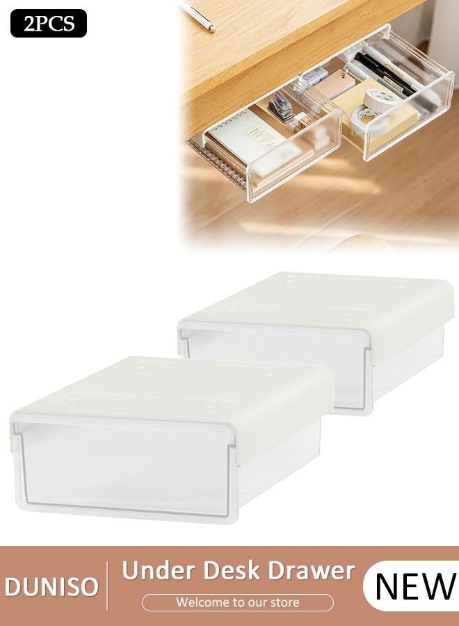 DUNISO منظم درج تخزين تحت المكتب ذاتي اللصق 2 قطعة، منظم درج مخفي تحت المكتب، صندوق تخزين درج غير مرئي، منظم درج بدون حفر لطلاب المدارس ومستلزمات المكتب - Image 1