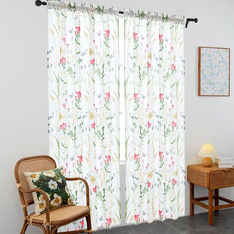 youleyar Floral Curtains 63 Inches Long for Living Room 2 Panels Printed Pattern Curtain Rod Pocket Spring Summer Watercolor Flowers/Leaves Window Drapes for Girls Bedroom, 52" W x 63" L - Image 4