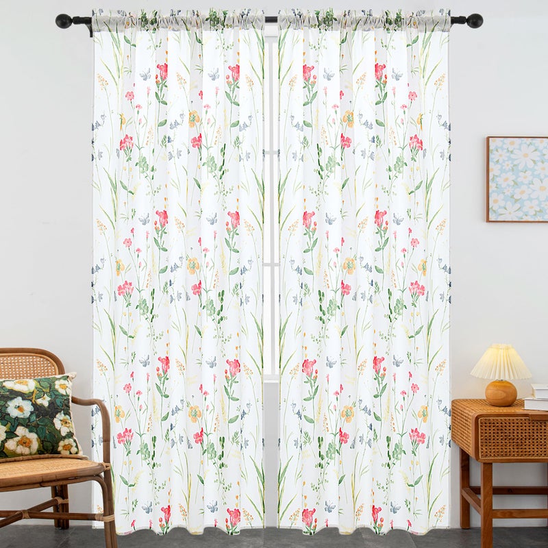 youleyar Floral Curtains 63 Inches Long for Living Room 2 Panels Printed Pattern Curtain Rod Pocket Spring Summer Watercolor Flowers/Leaves Window Drapes for Girls Bedroom, 52" W x 63" L - Image 2