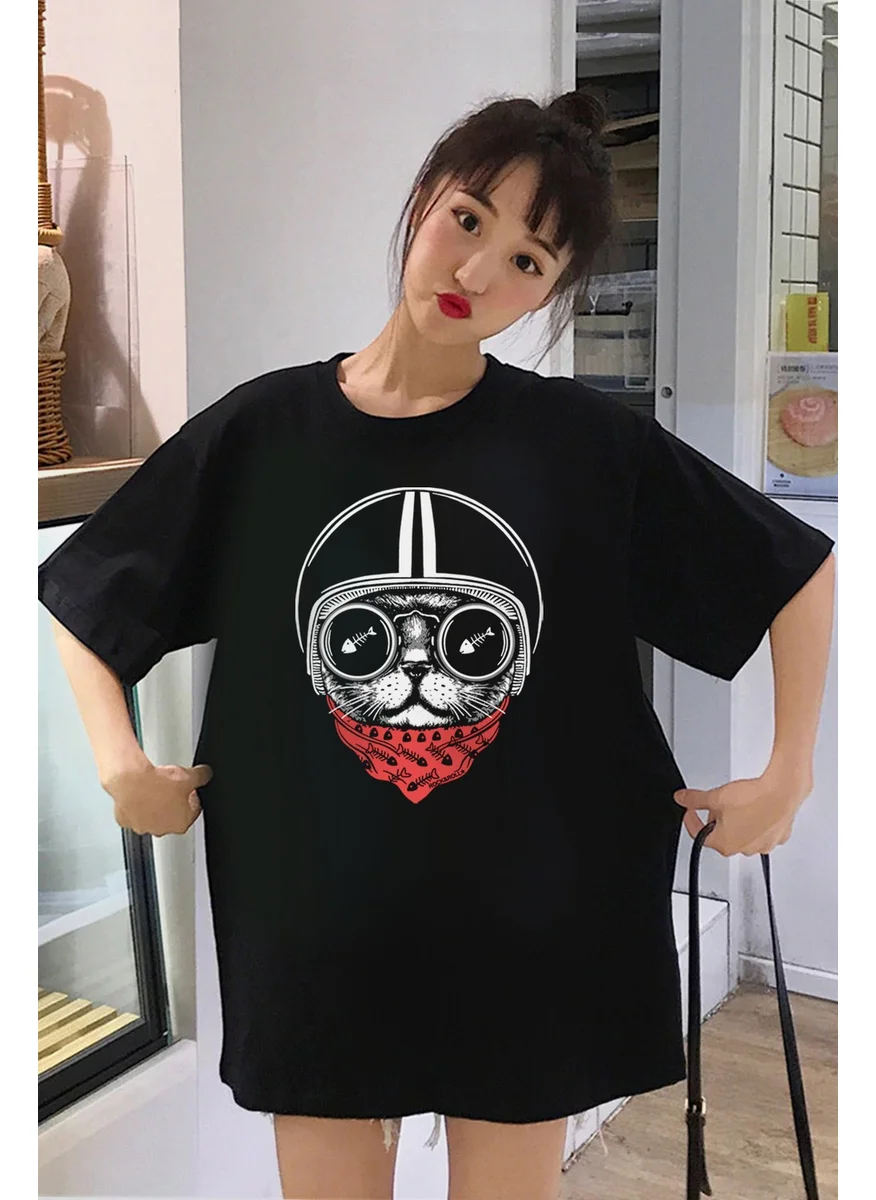 Rock&Roll Helmet Cat Oversize Black Short Sleeve Women's T-Shirt