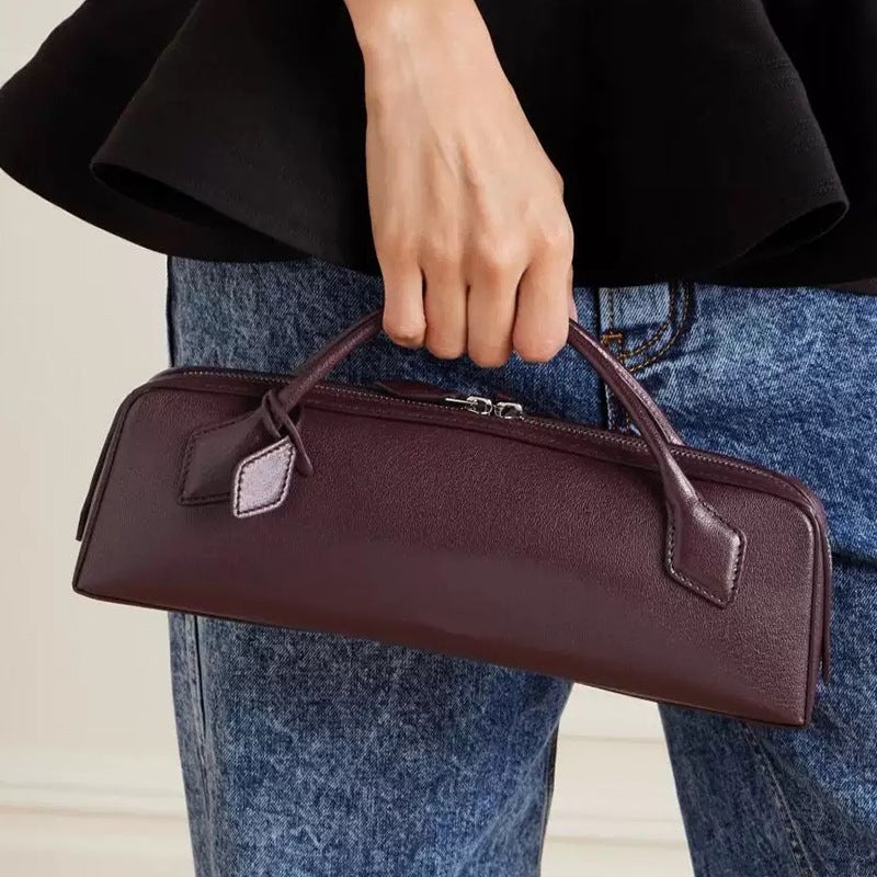 European and American New Genuine Leather Baguette Bag Womens Crossbody Bag Fashionable Short Top Layer Cowhide Bag Commuter Street Bag Burgundy 