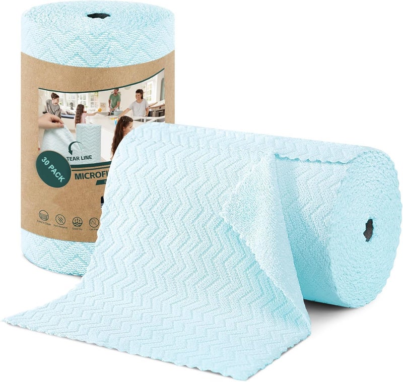 SOKT Microfiber Cleaning Cloths Roll 30 Pack Tear Away Microfiber Towels Roll Lint Free Rags, Reusable Cleaning Cloths, Washable, Scratch Free, Ultra Absorbent Dish Rags (Blue Ripple) - Image 1