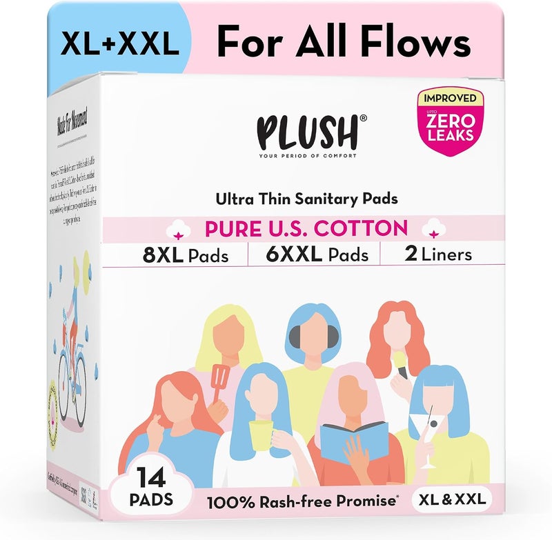 Plush 14 Pack 100% Pure American Cotton Sanitary Pads for Women | 8 Light Flow Pads (L), 6 Heavy Flow (XL) & 2 Panty Liners | Ultra-Thin, No Rash | For Everyone - Image 1