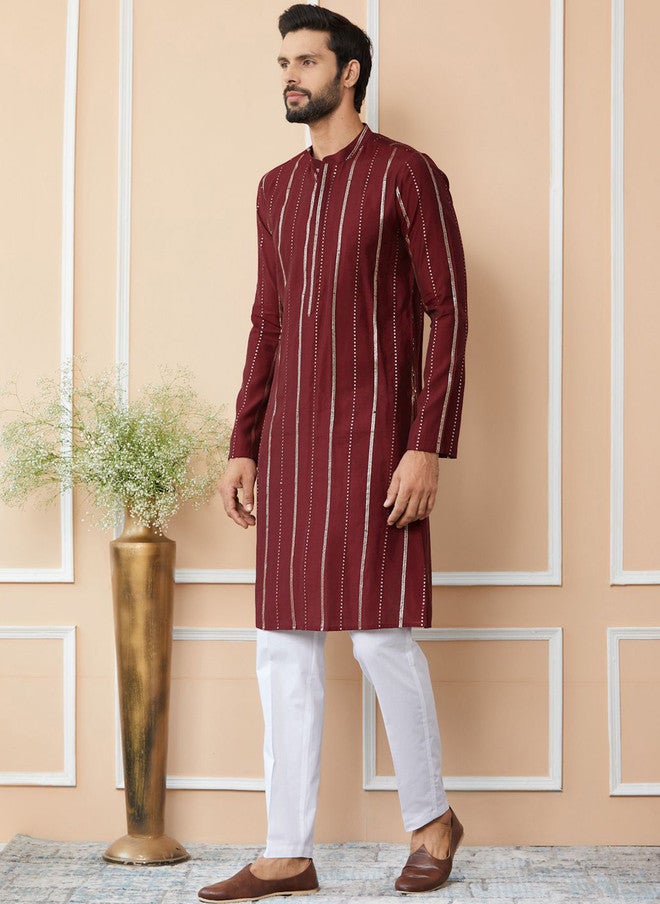 see designs Striped Mandarin Collar Kurta With Trousers For Men - Image 4