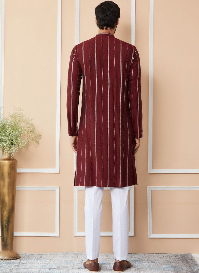 see designs Striped Mandarin Collar Kurta With Trousers For Men - Image 5