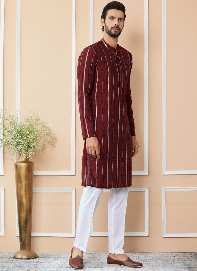 see designs Striped Mandarin Collar Kurta With Trousers For Men - Image 3