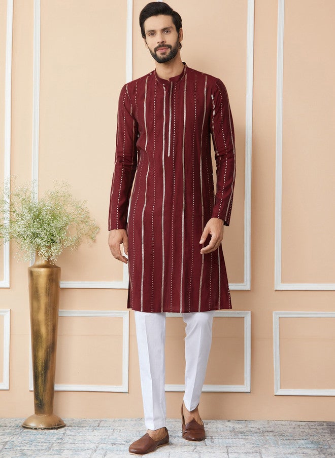 see designs Striped Mandarin Collar Kurta With Trousers For Men - Image 1