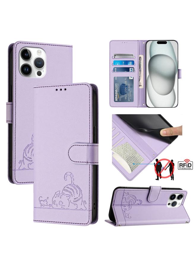 Zaboon Case For iPhone 13 Pro Max Cat Rat Embossed Pattern RFID Leather Phone Case with Lanyard - Image 1